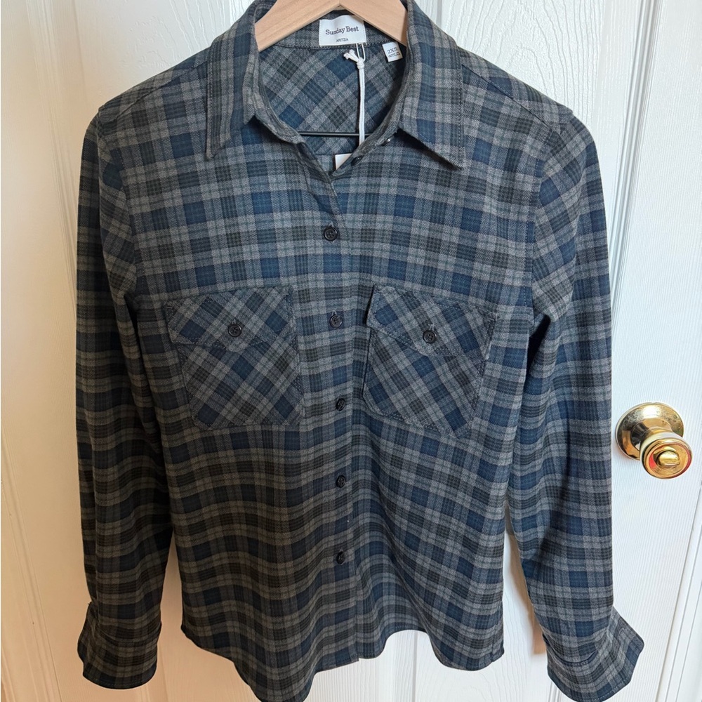 Aritzia Sunday Best Navy and Green Plaid Shirt